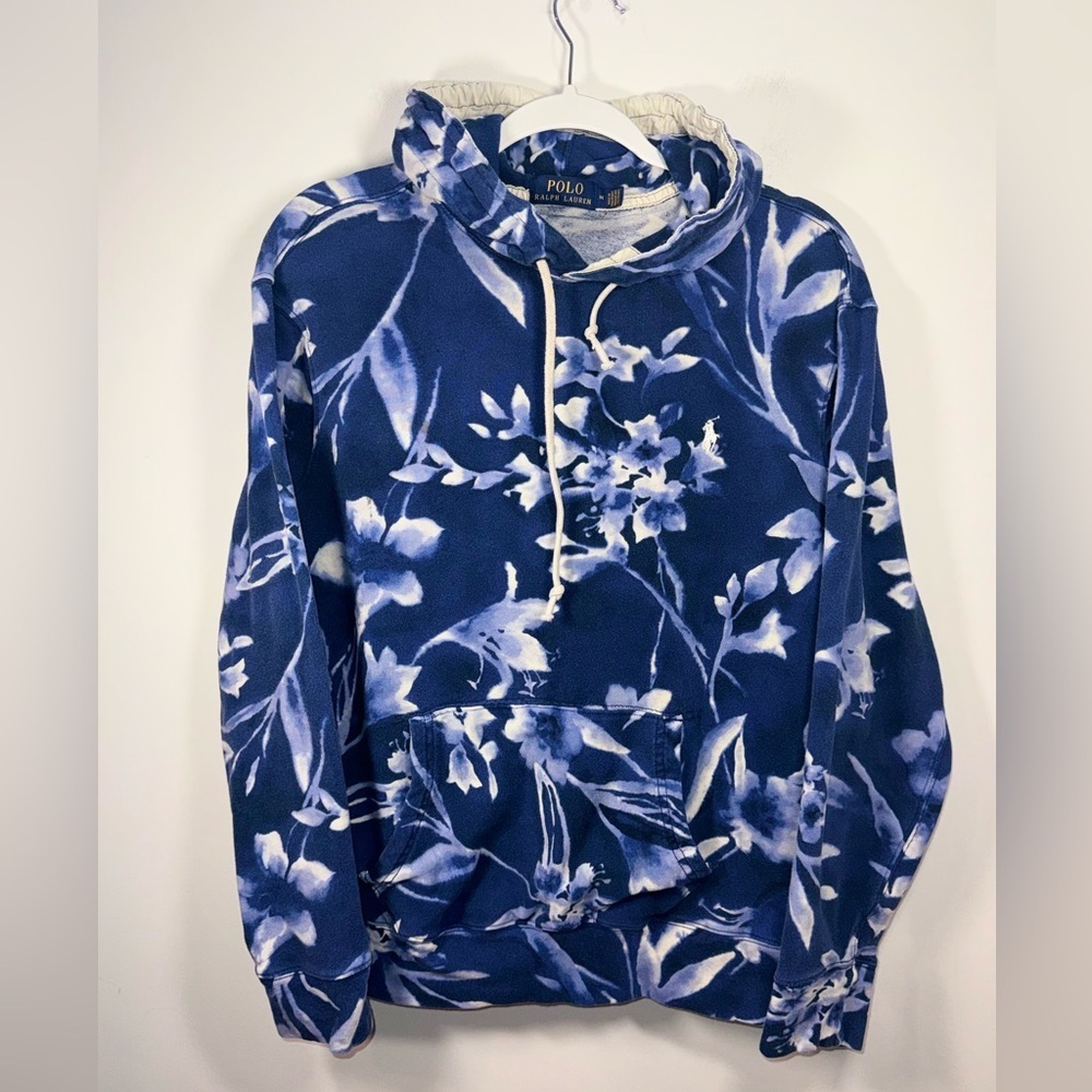 Polo Ralph Lauren Unisex Y2K Blue & White Floral Hoodie Sweatshirt Size Medium
